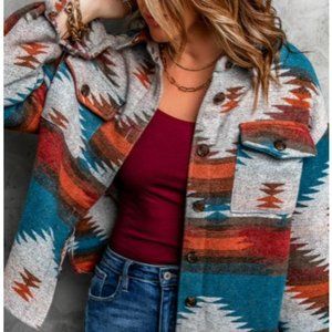 Distressed Aztec Print Lapel Long Sleeve Button Shirt Jacket